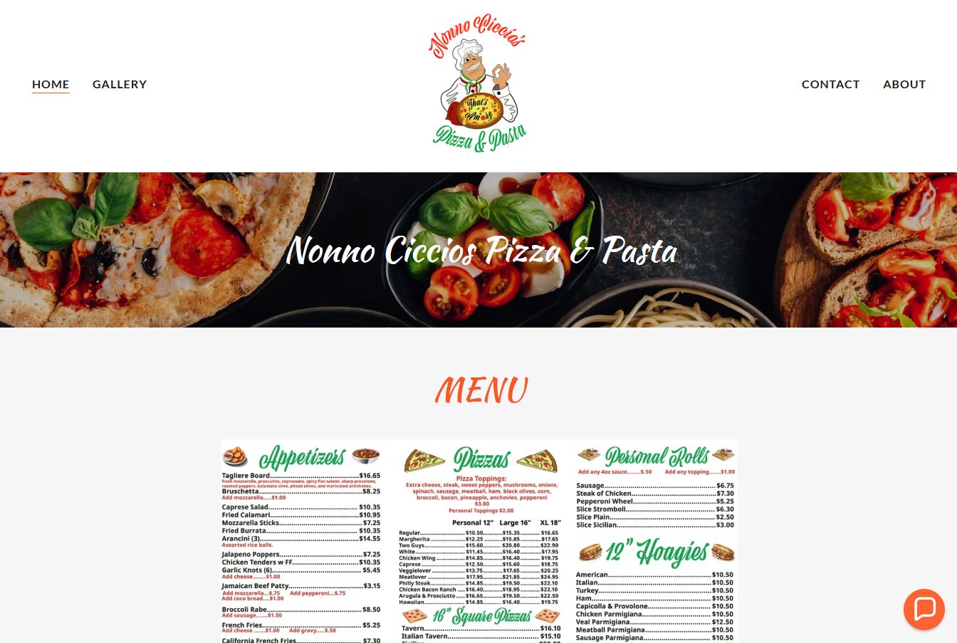 Nonno Ciccio's Pizza and Pasta website homepage design preview