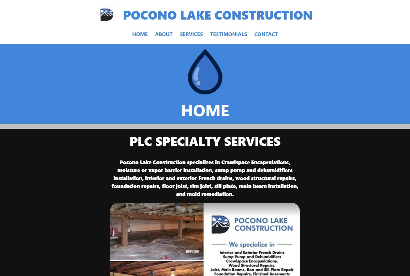 Pocono Lake Construction and Crawlspaces website homepage design preview